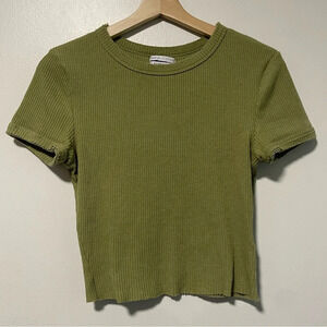 Urban Outfitters Olive Green Ribbed Short Sleeve Crop Top  - Size M